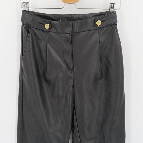 LOFT Womens 00 Solid Black Faux Leather Trouser Pants Gold Buttons Has Pockets - Picture 2 of 9